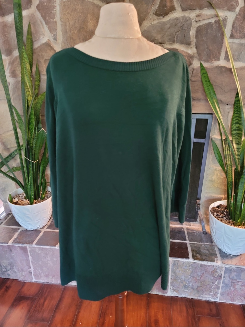 Cable & Gauge Green Boat Neck Tunic Sweater Sz 1X Long Sleeve Button Plus Knit